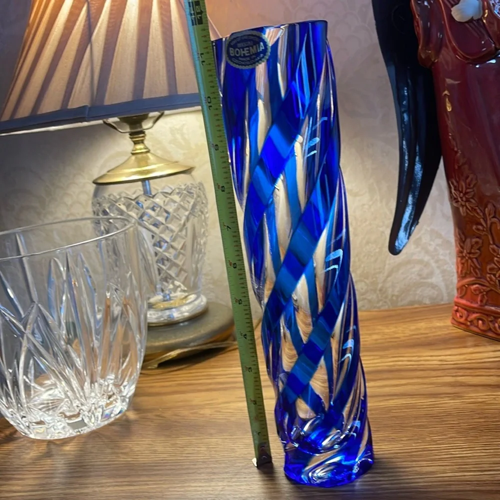 Vintage Bohemia hand cut lead crystal blue swirl vase